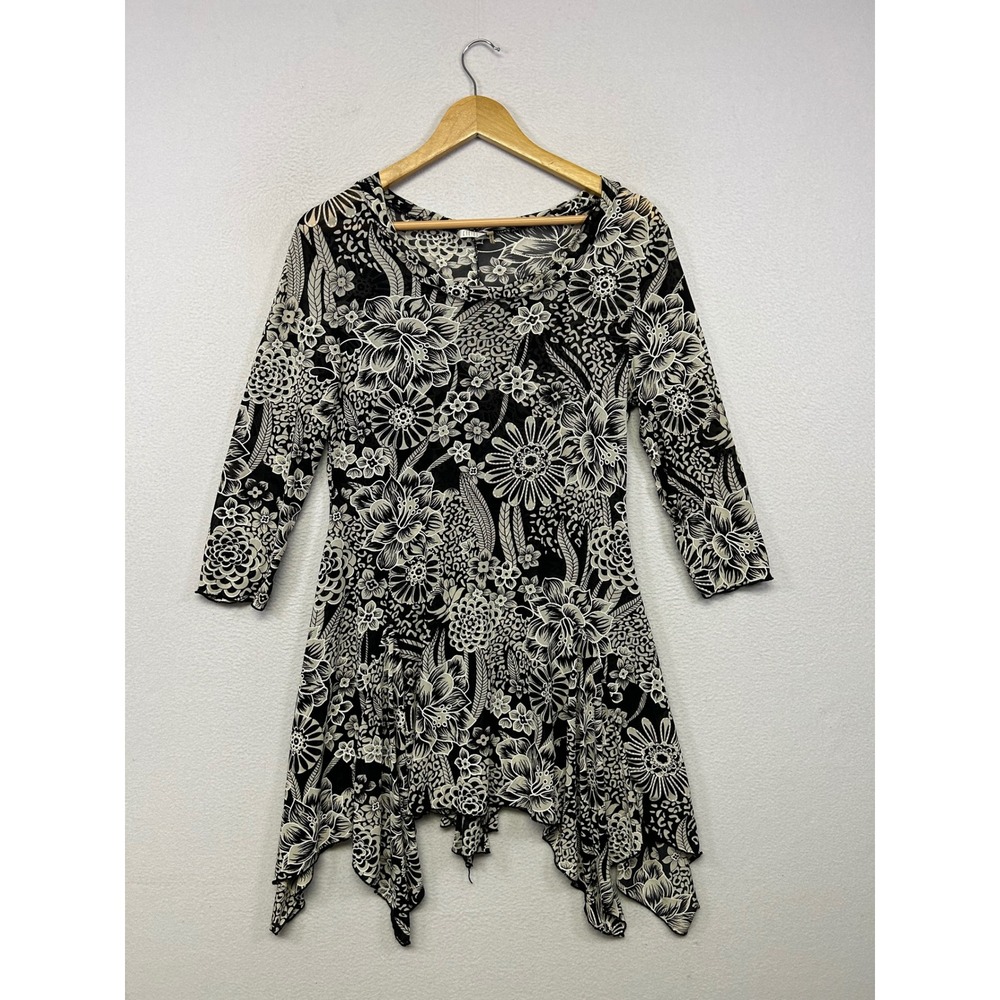 Whimsigoth Boho Kaktus Womens Medium Black White Floral Handkerchief Hem Tunic